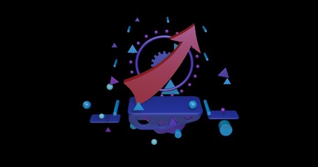 Poster - Red up arrow on a pedestal of abstract geometric shapes floating in the air. Abstract concept art with flying shapes in the center. 3d illustration on black background