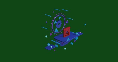 Poster - Red christmas fireplace symbol on a pedestal of abstract geometric shapes floating in the air. Abstract concept art with flying shapes in the center. 3d illustration on green background