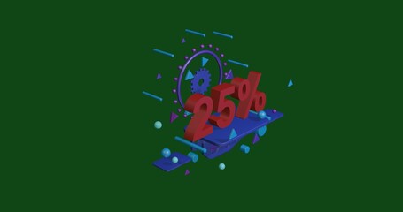 Poster - Red 25 percent symbol on a pedestal of abstract geometric shapes floating in the air. Abstract concept art with flying shapes in the center. 3d illustration on green background