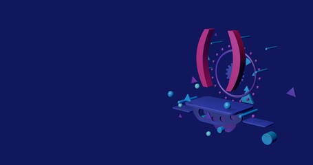 Poster - Pink brackets symbol on a pedestal of abstract geometric shapes floating in the air. Abstract concept art with flying shapes on the right. 3d illustration on indigo background