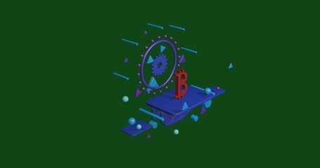 Poster - Red bitcoin symbol on a pedestal of abstract geometric shapes floating in the air. Abstract concept art with flying shapes in the center. 3d illustration on green background