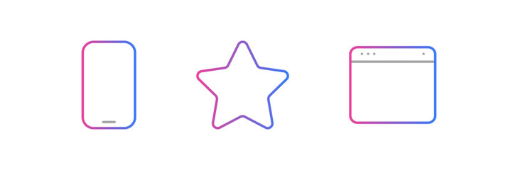 Gradient icons depicting a smartphone, star, and browser window. These vector elements showcase interface design components for web and mobile applications.