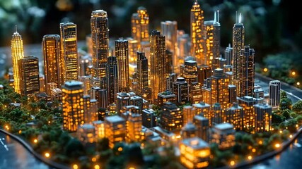 Miniature smart city model illuminated with glowing skyscrapers. Architecture concept