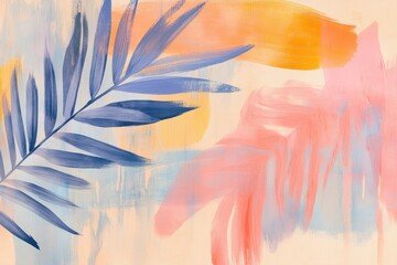 Wall Mural - Tropical leaves and palm fronds in pastel pink, blue, and orange tones on a beige background with abstract shapes Abstract summer banner design for wall art Generative AI