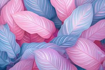 Wall Mural - Abstract vector background with tropical leaves in pastel colors, featuring pink and blue tones, in a flat design illustration with a minimalistic style Generative AI