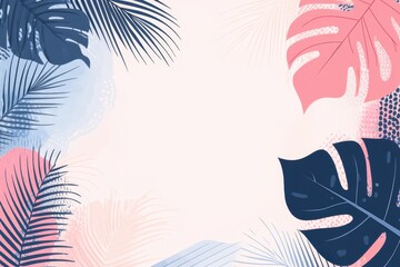Wall Mural - A flat illustration of tropical leaves in pastel pink, coral, and blue tones on an abstract background with large shapes and lines Generative AI