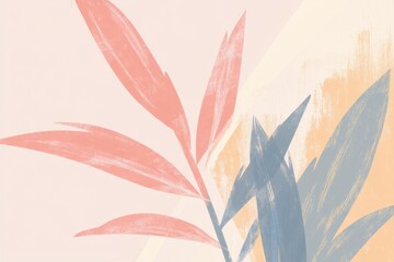 Wall Mural - Abstract vector illustration of tropical leaves and palm fronds in pastel pink, blue, and orange tones on a light background Generative AI