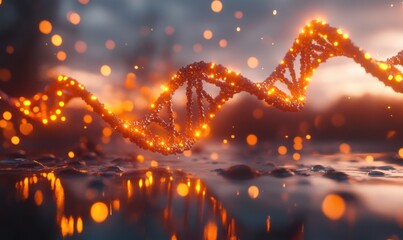 Glowing DNA strand reflecting on water at sunset, genetic research concept