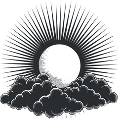 Wall Mural - a vintage style illustration of a sun with rays emerging from behind clouds.