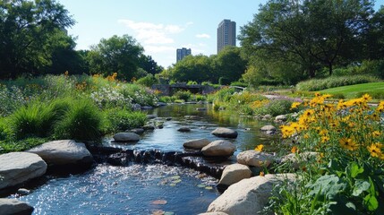 Aufkleber - Serene garden pathway surrounded by vibrant wildflowers and lush greenery at sunset in an urban landscape