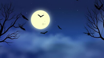 Wall Mural - Halloween background animation with the concept of blue sky, moon, fog, flying bats