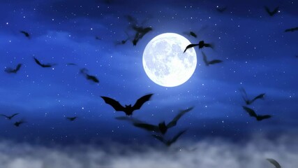 Wall Mural - Halloween background animation with the concept of blue sky, moon, fog, flying bats