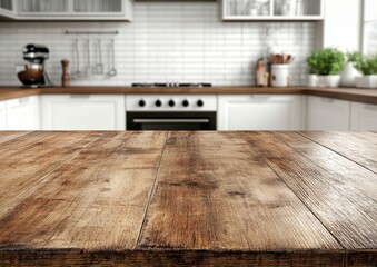Poster - Wooden kitchen table top, blurred background