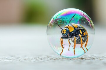 Aufkleber - Vibrant green insect perched on a soap bubble in a soft-focus background, showcasing details of the creature's body and its habitat