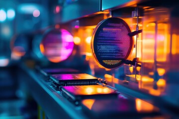 Poster - Close-up of semiconductor wafers in a high-tech manufacturing facility, showcasing vibrant colors and intricate details.