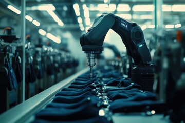 Poster - Robotic arm assembling clothing in a modern industrial setting, showcasing advanced manufacturing technology.