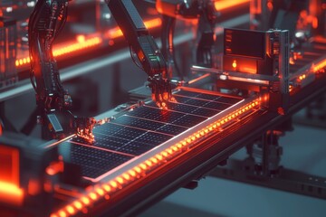 Poster - Futuristic robotic arms assembling solar panels in a high-tech production line.