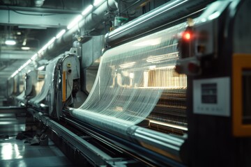 Poster - A close-up view of a textile machine in action, showcasing intricate weaving processes with dynamic lighting.