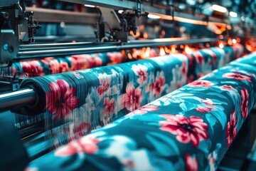 Poster - Close-up of a textile printing machine with vibrant floral patterns, showcasing a colorful and dynamic workspace.