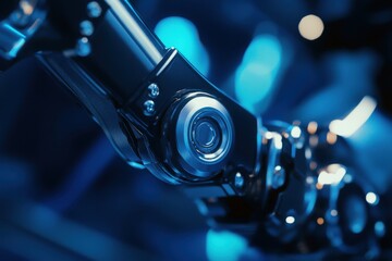 Poster - Close-up of a robotic arm joint with intricate details, set against a bluish background.