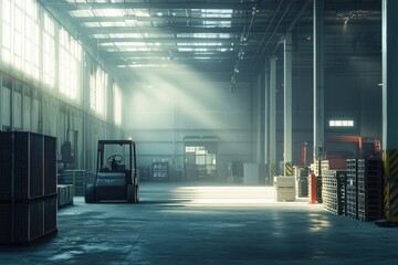 Poster - A serene warehouse interior bathed in soft sunlight, featuring a forklift and stacked pallets.