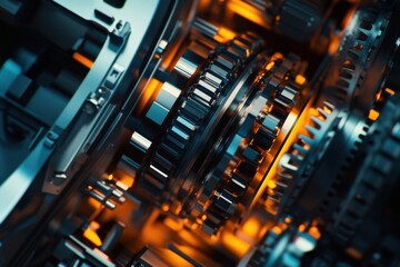 Poster - Close-up of intricate metal gears with warm glowing highlights in a mechanical setting.