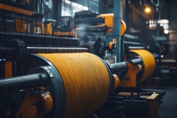 Poster - Industrial machine with vibrant yellow threads and dim lighting, showcasing textile production.