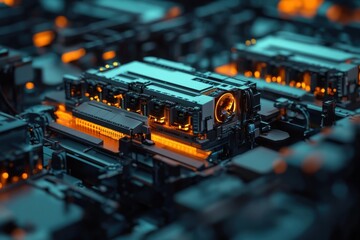 Aufkleber - Futuristic digital hardware with glowing orange lights, showcasing intricate details in a tech-inspired environment.