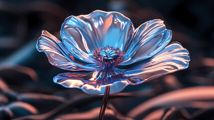Wall Mural - Poppy chrome liquid dreamcorel flower. 3d render, modern design. isolated holographic futuristic floral icon. brutalism retro futurism concept. Cyber Poppy. Illustration