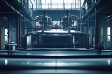 Poster - A modern industrial facility with metallic tanks and machinery, showcasing advanced manufacturing technology.