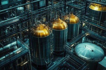 Poster - Industrial scene featuring large metallic storage tanks illuminated by warm light, showcasing a complex network of pipes.