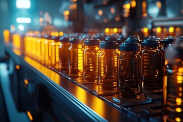 Poster - Industrial scene with glowing amber bottles on a conveyor belt in a modern factory setting.