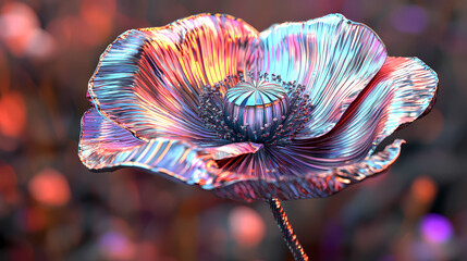 Wall Mural - Poppy chrome liquid dreamcorel flower. 3d render, modern design. isolated holographic futuristic floral icon. brutalism retro futurism concept. Cyber Poppy. Illustration