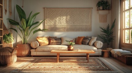 Aufkleber - Cozy living room with plants and natural decor creating a warm and inviting atmosphere in a contemporary home setting