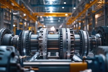 Poster - Close-up of a high-tech turbine engine in a modern industrial setting, showcasing intricate details and engineering excellence.