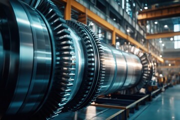 Poster - Close-up of intricate turbine components in a modern industrial manufacturing facility.