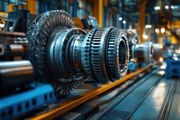 Poster - Close-up of a turbine engine in an industrial setting, showcasing precision engineering and metallic textures.