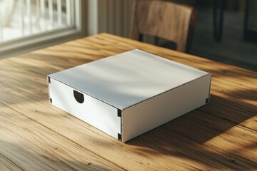 Poster - A clean, minimalist white box on a wooden table, softly illuminated by natural light.