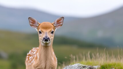 Wall Mural - Young deer in a mountain meadow