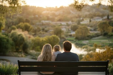 Aufkleber - Family enjoys a serene sunset view from a park bench in a picturesque countryside landscape with rolling hills and lush greenery