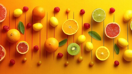 Aufkleber - Bright Fruits Arranged in a Spiral Pattern Resembling DNA Against a Vivid Yellow Backdrop