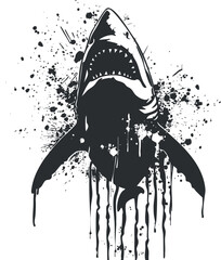 Wall Mural - Stylized black and white illustration of a shark with dramatic splashes and abstract elements.