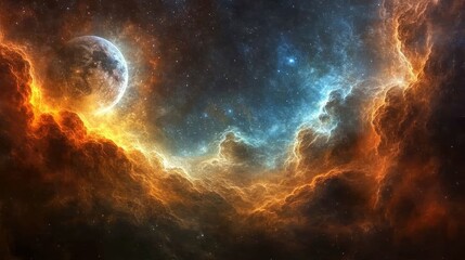 Wall Mural - Fiery nebula, cosmic moon, space background, fantasy art