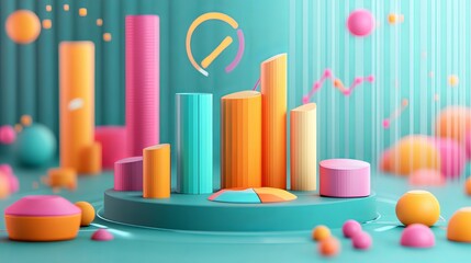 Poster - Abstract Colorful 3D Geometric Shapes Business Growth Chart Data Visualization Marketing Infographic Presentation Template Modern Design Digital Art Vector Illustration Background Pink Teal Trend     