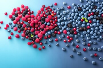 Aufkleber - Fresh Berries Forming a Heart Shape on a Vibrant Blue and Purple Gradient Backdrop