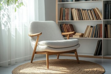Poster - Cozy reading corner featuring a modern armchair beside a bookshelf filled with vintage books, illuminated by natural light in a tranquil indoor setting