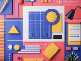 Poster - Abstract Geometric Background with Pink, Blue and Yellow Shapes and Office Supplies