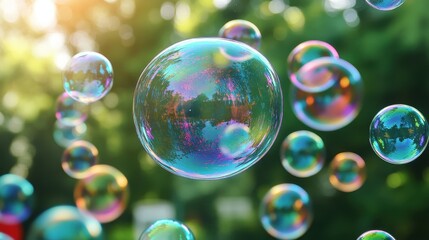Poster - Bubbles floating in sunlight above a garden with green foliage during a warm afternoon, showcasing a colorful display of iridescent circles