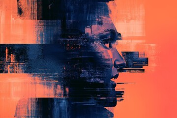 Poster - Abstract Glitch Portrait in Coral Orange and Indigo Blue