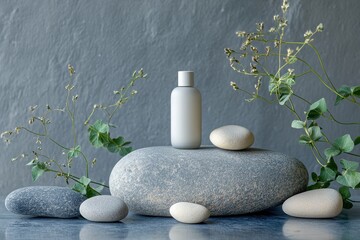 Aufkleber - Natural skincare product surrounded by smooth stones and green leaves in a serene, calming environment with soft lighting during the day